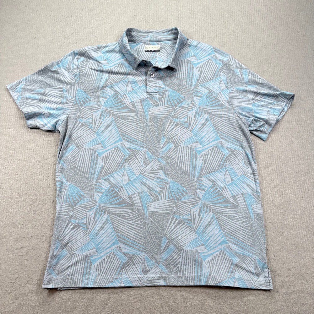 PGA Tour Polo Shirt Mens XL Blue Geometric Palm Leaf Print Golf Short Sleeve
